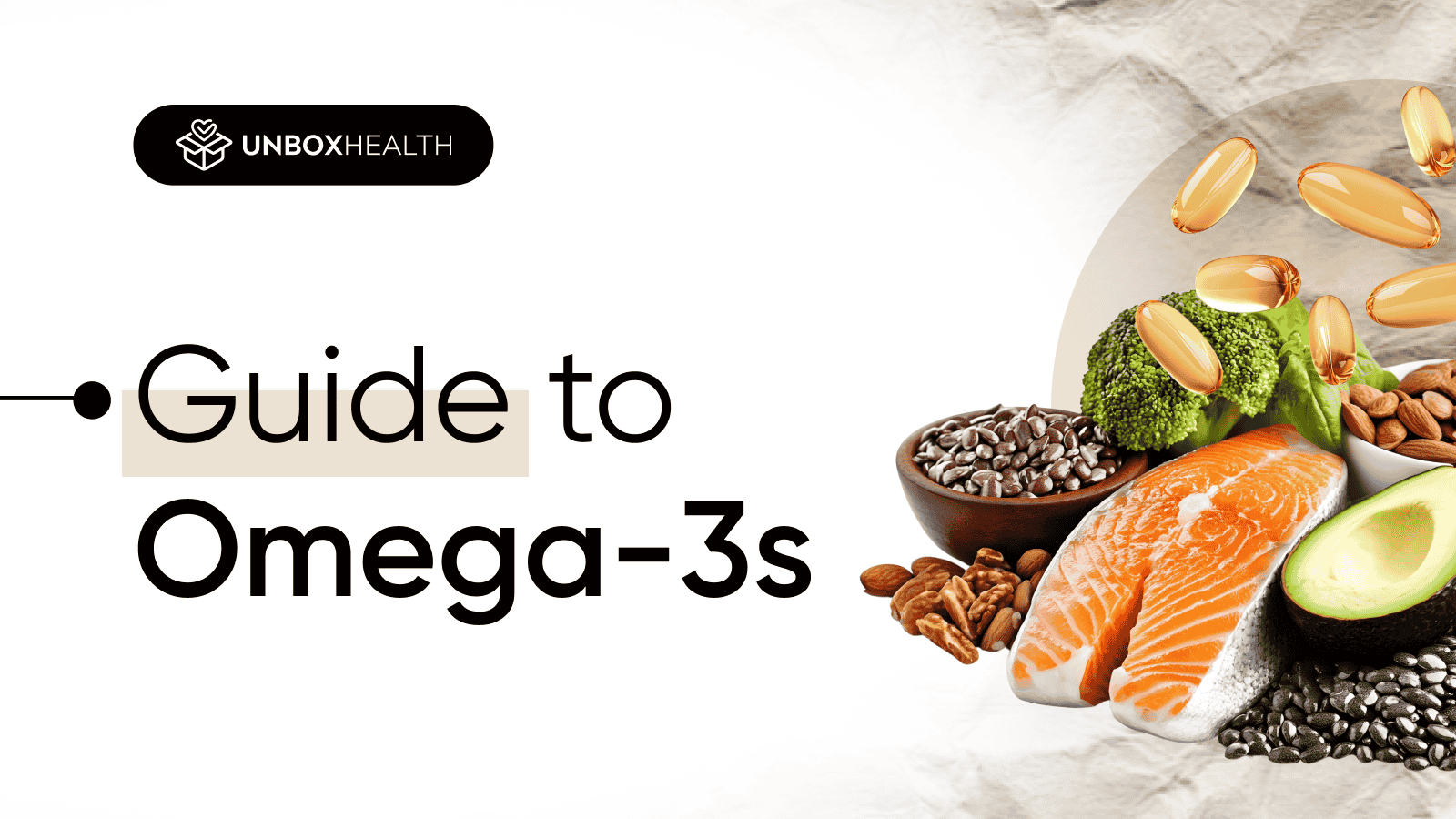 Visual guide to Omega-3s by Unbox Health featuring salmon, avocado, broccoli, flaxseeds, walnuts, almonds, and golden capsules on a clean white background.