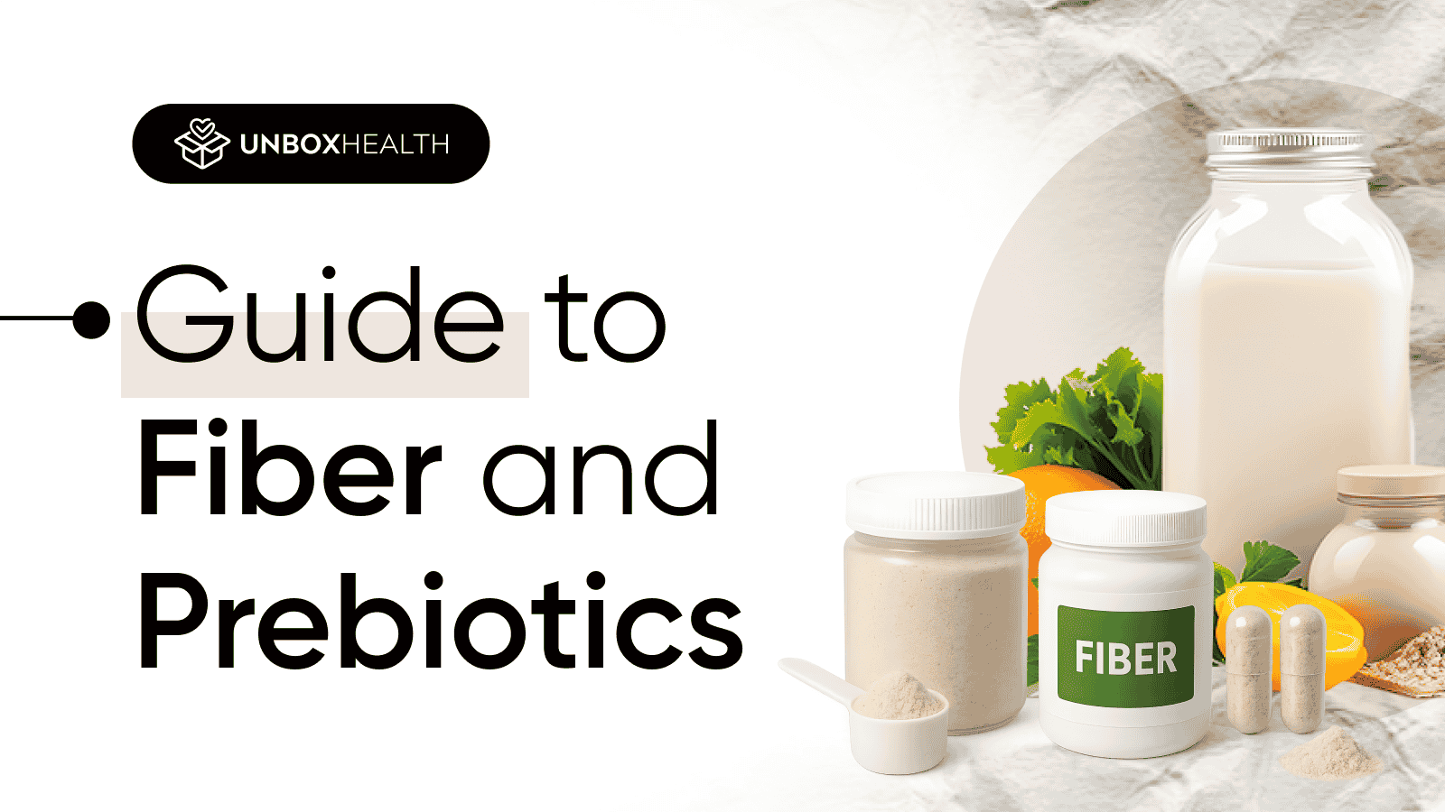 Unbox Health blog graphic with text “Guide to Fiber and Prebiotics” featuring fiber supplements, prebiotic powders, and vegetables for gut health.