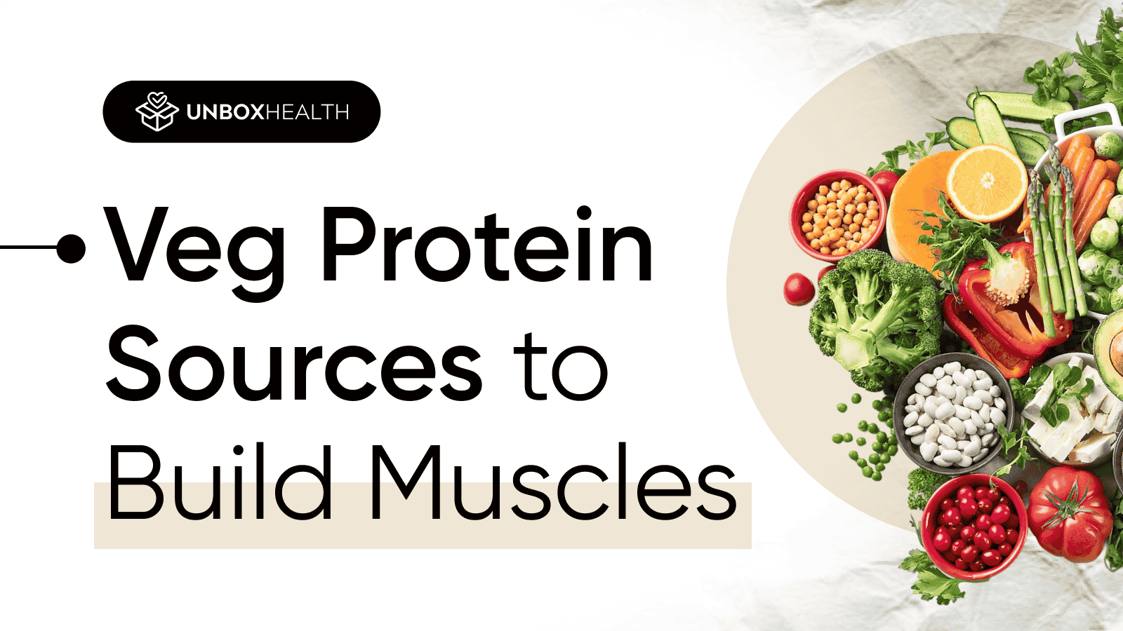Graphic with Unbox Health logo and the text 'Veg Protein Sources to Build Muscles' beside a display of vegetables, beans, tofu, and fruits arranged in a bowl